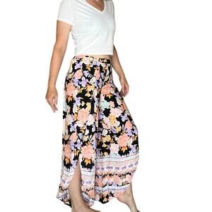 Raya Sun Flowy Floral Open Leg Pants Boho Beachy Lightweight Elastic Waist